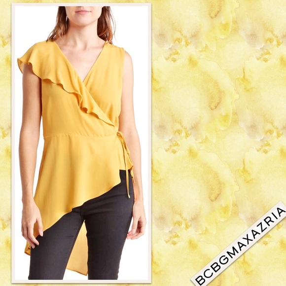 BCBGMAXAZRIA Surplice Ruffle Asymmetrical Top in Golden Glow (Gold / Yellow) - Picture 2 of 4
